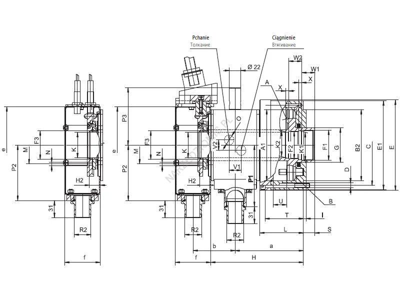 Rysunek techniczny: Cylinder hydrauliczny z przelotem T.1305-SDC 130 przelot: 52,5 - BISON-BIAL